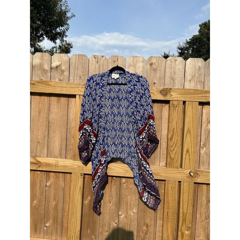 Hayden Blue Mix Border Print Open Front Sleeves Asymmetrical Kimono Medium Large